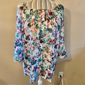 Apt 9 Blouse 1X White Floral Purple Green Orange Pink Semi Sheer Dressy